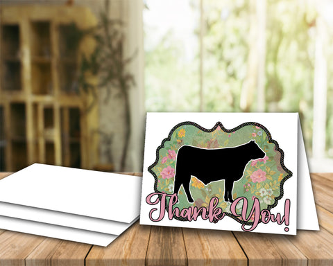 Livestock Show Steer Thank You Printable Card - 5 x 7" Envelope Template - Pink Gold Floral - Cow Digital Cards