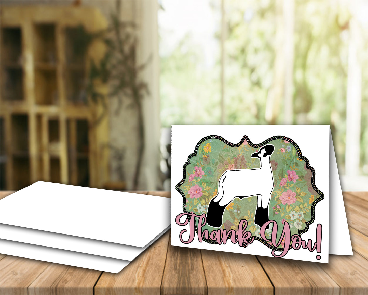 Tarjeta imprimible de agradecimiento de cordero de espectáculo de ganado - Plantilla de sobre de 5 x 7" - Floral de oro rosa - Tarjetas digitales de cordero