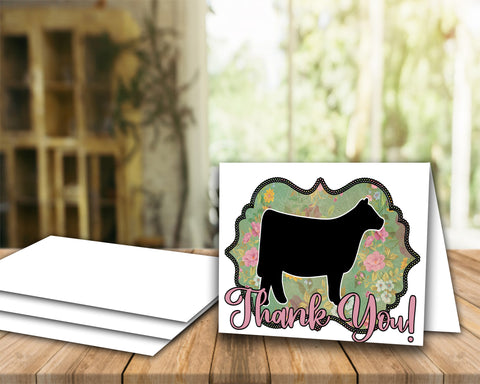 Tarjeta imprimible de agradecimiento de vaquilla de espectáculo de ganado - Plantilla de sobre de 5 x 7" - Floral de oro rosa - Tarjetas digitales de vaca