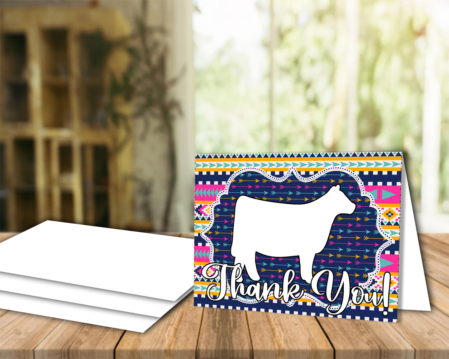 Livestock Show Heifer 4" x 6" Tarjeta de agradecimiento - Tarjeta digital de vaca - Flechas boho - Tarjeta interior plegable en blanco 