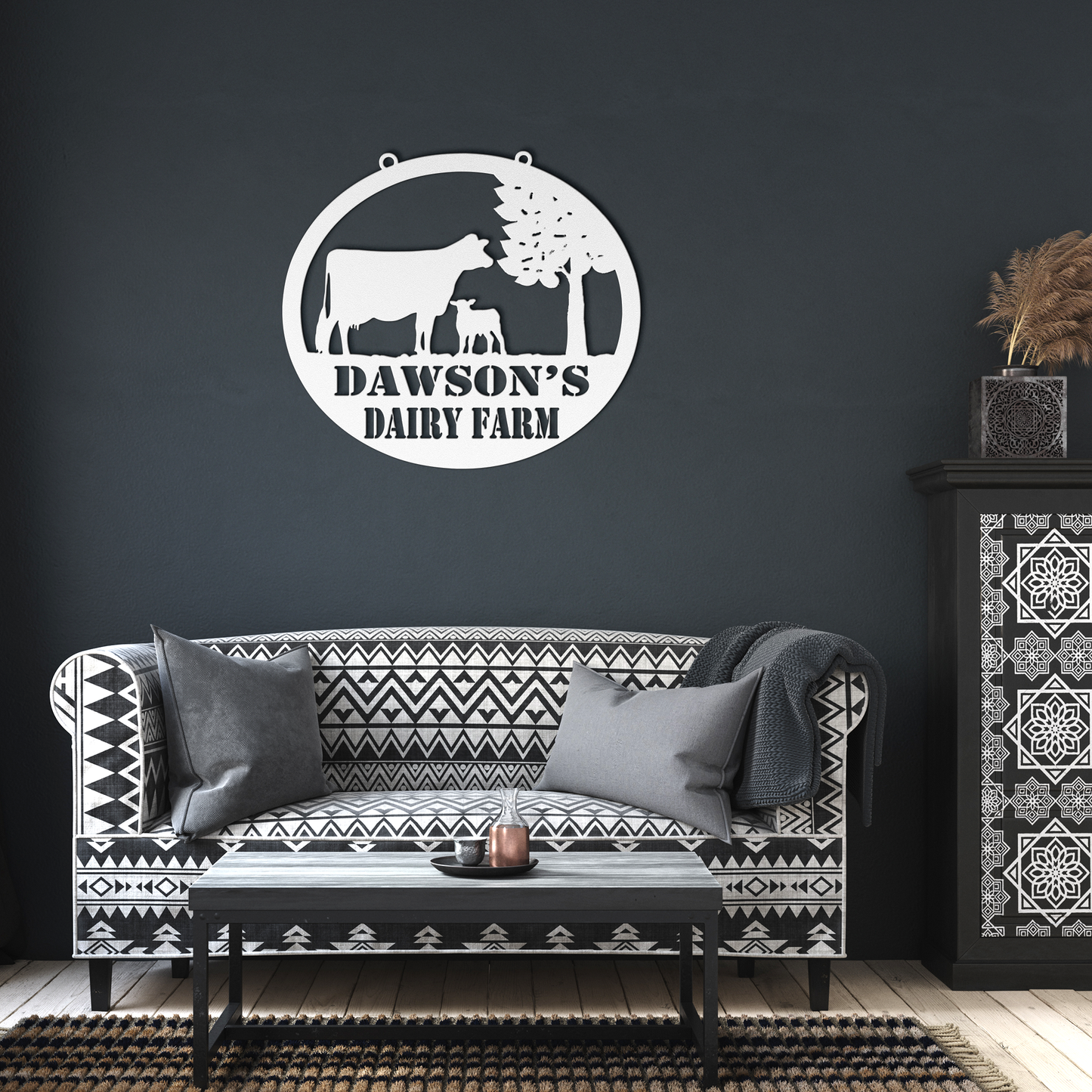 Customizable Name - Dawson's Dairy Farm - Dairy Cow Metal Art, Calf, Tree Sign - Plasma Cut Metal Sign
