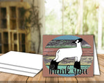 Tarjeta imprimible de agradecimiento de cordero de Livestock Show - Plantilla de sobre de 5 x 7" - Madera marrón - Tarjetas digitales de cordero