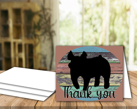Tarjeta imprimible de agradecimiento de ganado Show Pig - Plantilla de sobre de 5 x 7" - Fondo de madera marrón - Tarjetas digitales de cerdo