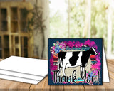 Tarjeta imprimible de agradecimiento de vaca lechera Holstein Show de ganado - Plantilla de sobre de 5 x 7" - Suculentas de sarape de color verde azulado oscuro - Tarjetas digitales de vaca