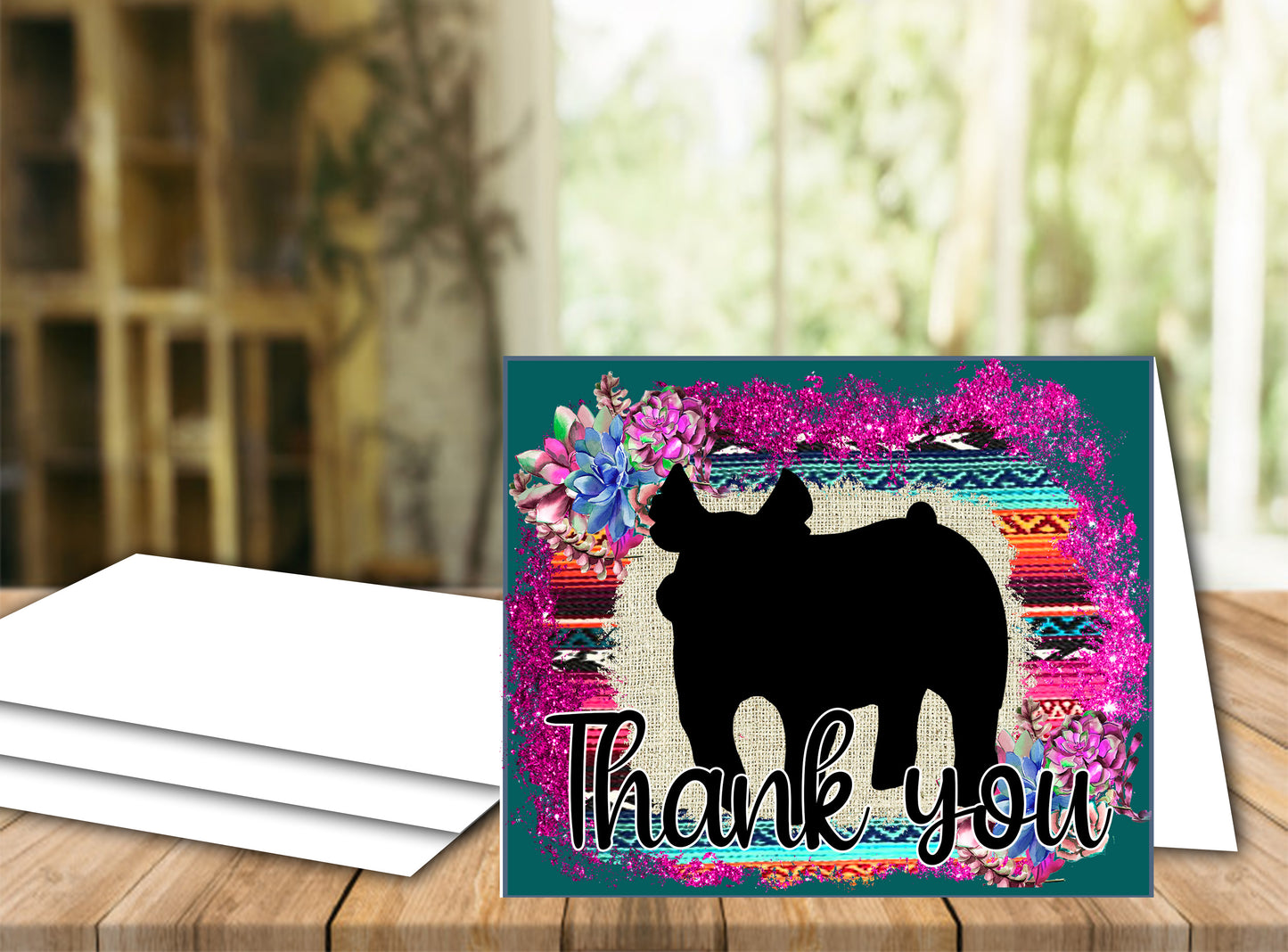 Tarjeta imprimible de agradecimiento de ganado Show Pig - Plantilla de sobre de 5 x 7" - Suculentas de sarape de color verde azulado oscuro - Tarjetas digitales de cerdo