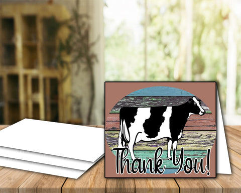 Livestock Show Holstein Dairy Cow- Tarjeta imprimible de agradecimiento - Plantilla de sobre de 5 x 7" - Fondo de madera marrón - Tarjetas digitales de vaca