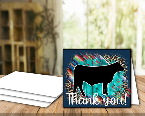Tarjeta de agradecimiento de ganado Show Steer - Plantilla de sobre de 5" x 7" - Guepardo sarape de madera verde azulado - Tarjetas digitales de vaca