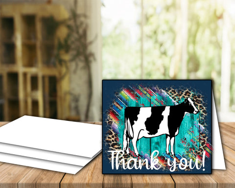 Tarjeta de agradecimiento de vaca lechera Holstein Show de ganado - Plantilla de sobre de 5" x 7" - Guepardo serape de madera verde azulado - Tarjetas digitales de vaca