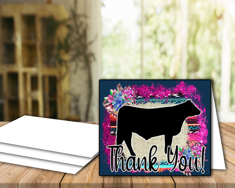 Tarjeta imprimible de agradecimiento de ganado Show Steer - Plantilla de sobre de 5 x 7" - Suculentas de sarape de color verde azulado oscuro - Tarjetas digitales de vaca