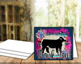 Tarjeta imprimible de agradecimiento de vaquilla de espectáculo de ganado - Plantilla de sobre de 5 x 7" - Suculentas de sarape de color verde azulado oscuro - Tarjetas digitales de vaca