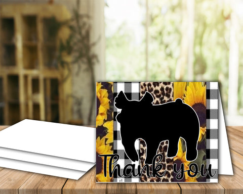 Sunflower Black White Cheetah Livestock Show Pig Thank You Printable Card - 5 x 7" Envelope Template - Pig Digital Cards