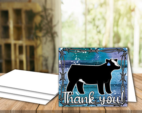 Digital Download - Livestock Show Heifer - 5"x7" Thank You Card - Blue Purple Wood Barb Wire Background - Cow Digital Cards