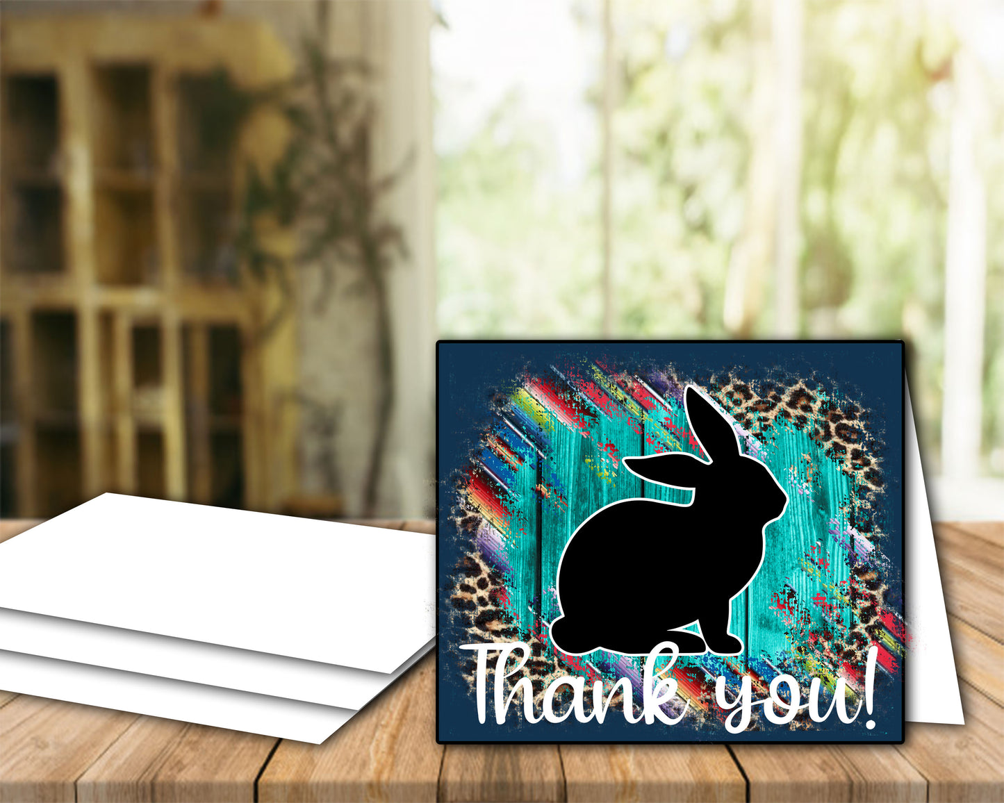 Livestock Show Rabbit Thank You Card - 4x6-inch Envelope Template - Teal Wood Serape Cheetah - Rabbit Digital Cards