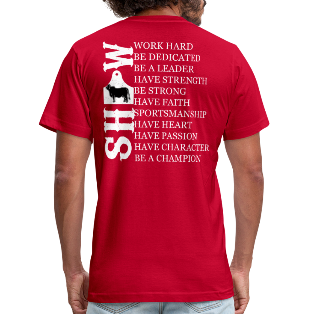 Front/Back Design Adult, Youth T-shirt - Grunge Ear Tag - Livestock Show Brahma Bull - Sizes S-3XL - Showmanship - red